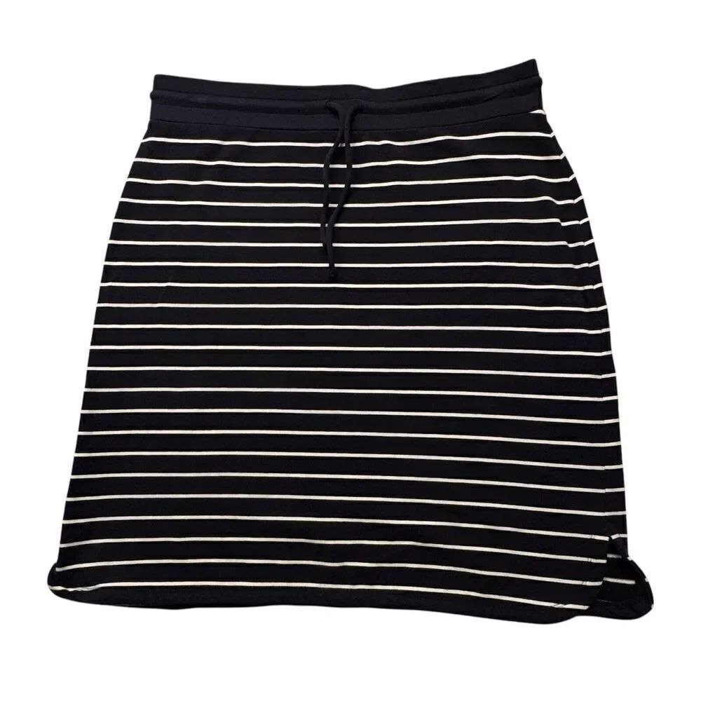 Talbots Sz M Skirt Navy White Stretch Knit Drawstring Slits Pull On Cotton Blend